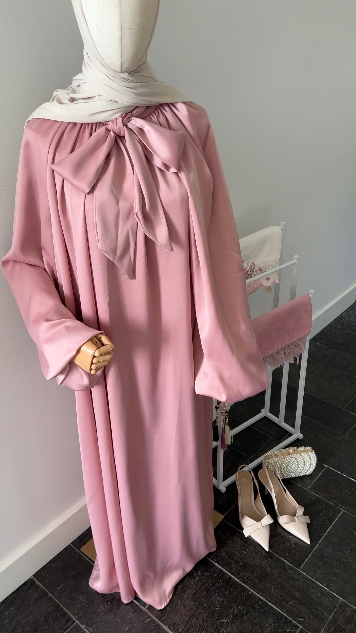 SATIN BOW TIE DRESS PINK