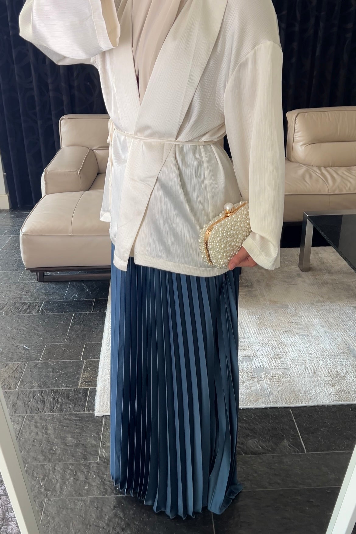 NAVY SATIN PLISSÉ SKIRT