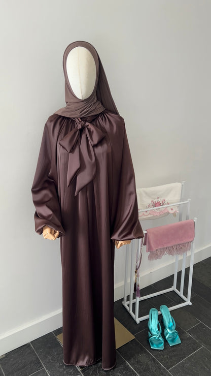 SATIN BOW TIE DRESS BROWN