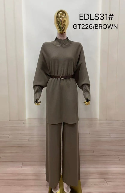 Elegant knit set with loose belt (beige, taupe, brown, black)