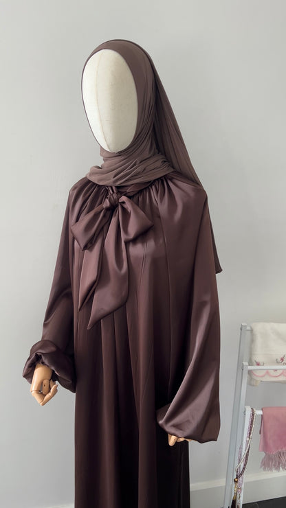 SATIN BOW TIE DRESS BROWN