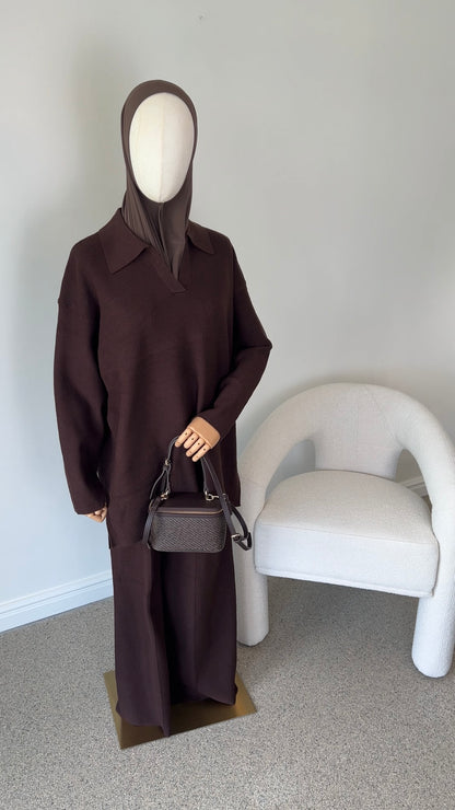 V-NECK SEAM KNIT SET BROWN