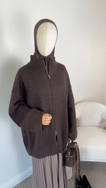 OVERSIZED KNIT ZIPPER DARK BROWN