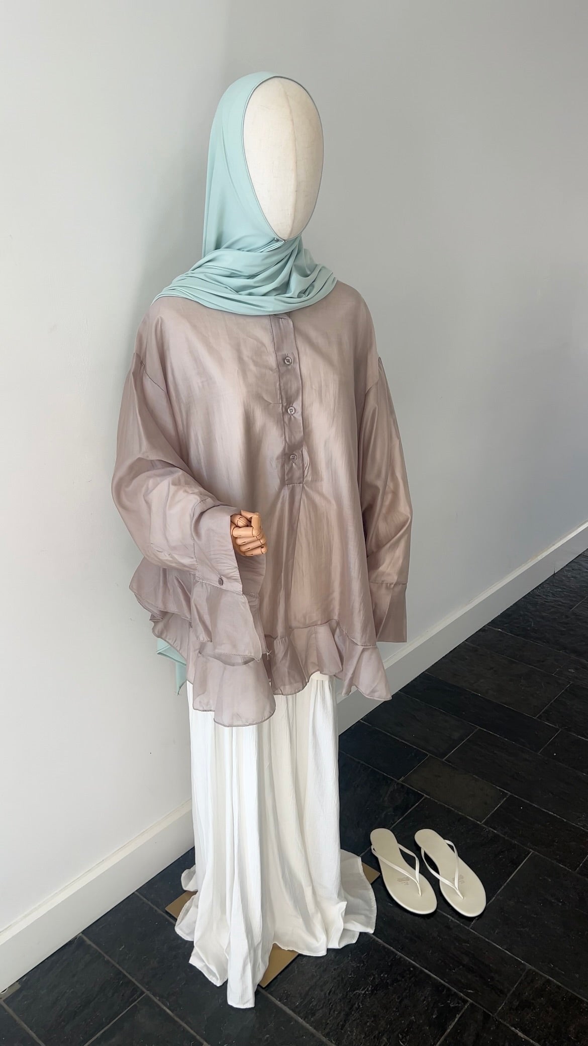 RUFFLE SHIRT TAUPE (see through)