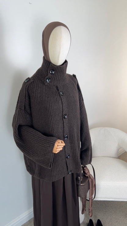 BUTTON KNIT CARDIGAN DARK BROWN