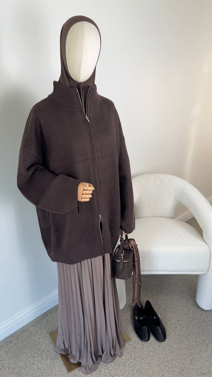 OVERSIZED KNIT ZIPPER DARK BROWN