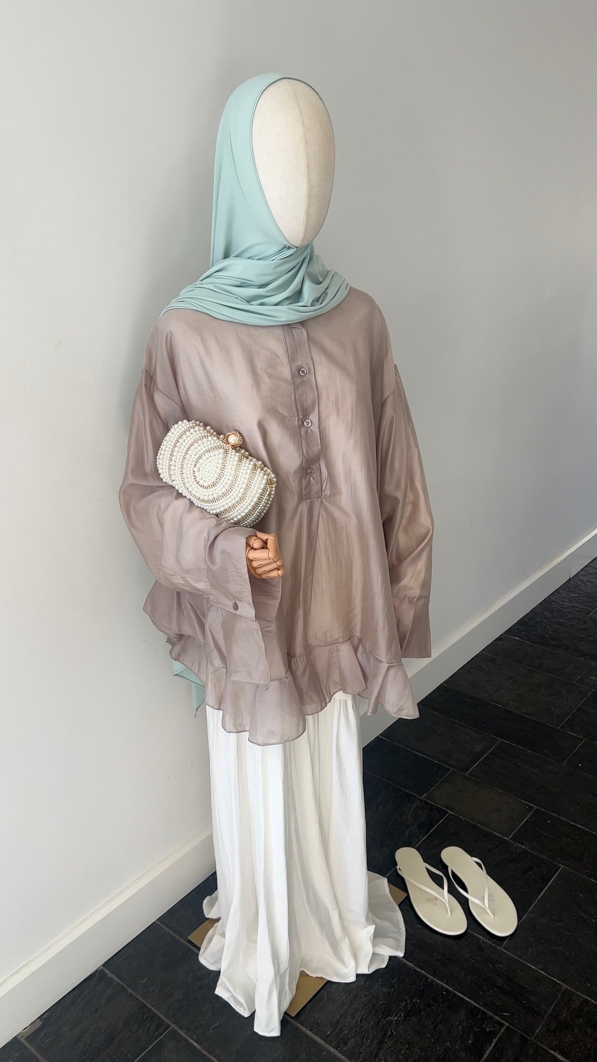 RUFFLE SHIRT TAUPE (see through)