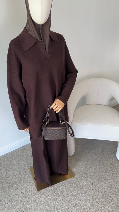 V-NECK SEAM KNIT SET BROWN