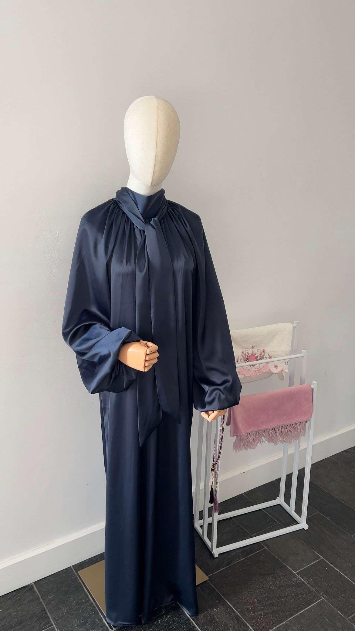 SATIN BOW TIE DRESS NAVY