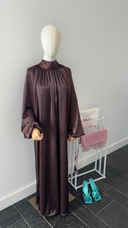 SATIN BOW TIE DRESS BROWN