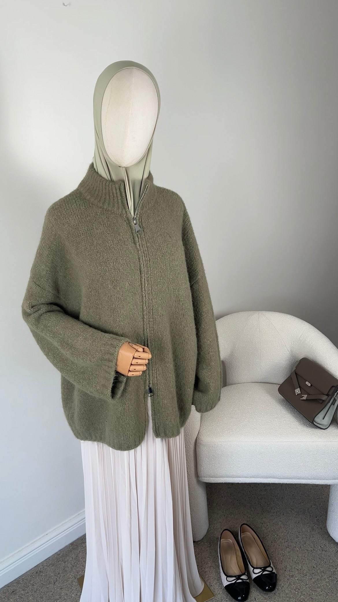 FLUFFY KNIT ZIPPER SAGE GREEN