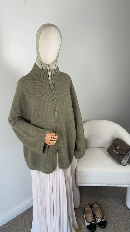 FLUFFY KNIT ZIPPER SAGE GREEN