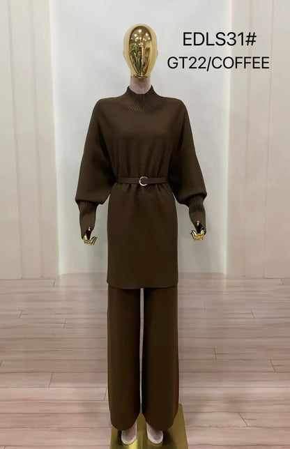 Elegant knit set with loose belt (beige, taupe, brown, black)