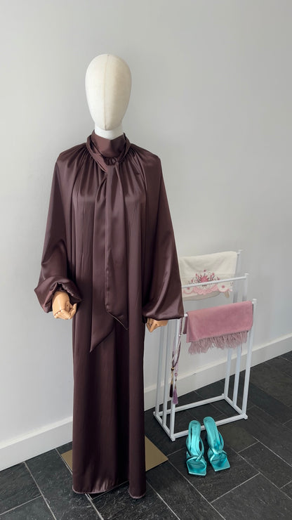SATIN BOW TIE DRESS BROWN