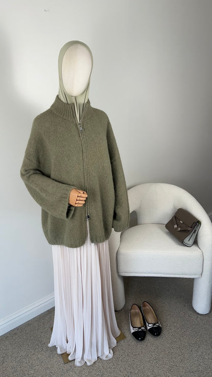 FLUFFY KNIT ZIPPER SAGE GREEN