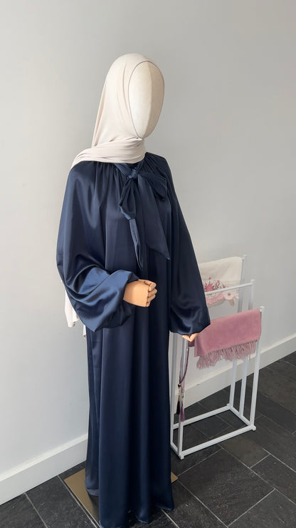 SATIN BOW TIE DRESS NAVY
