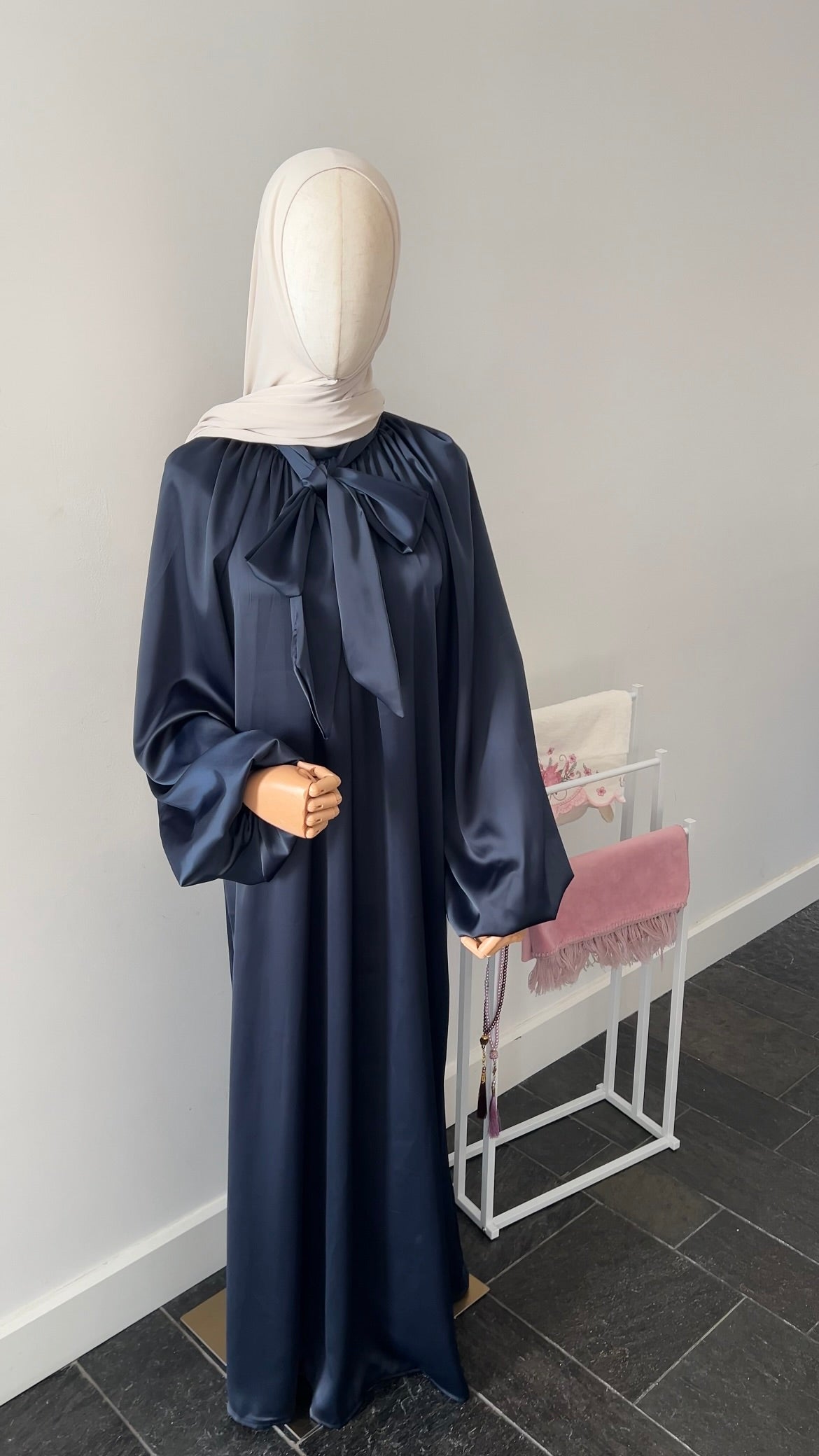 SATIN BOW TIE DRESS NAVY