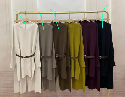 Elegant knit set with loose belt (beige, taupe, brown, black)