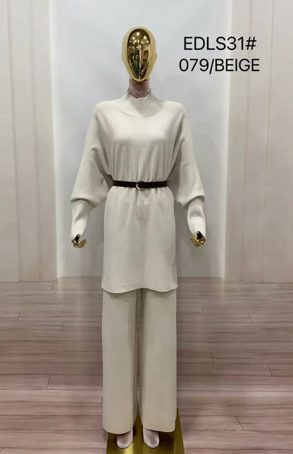 Elegant knit set with loose belt (beige, taupe, brown, black)