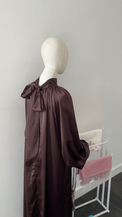 SATIN BOW TIE DRESS BROWN
