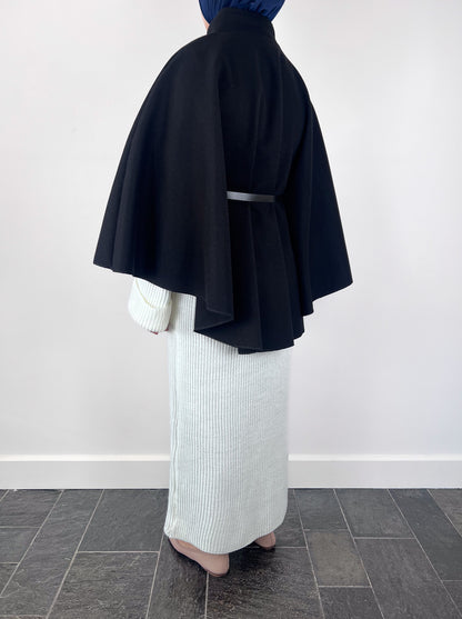 BLACK RIBBED BELT PONCHO
