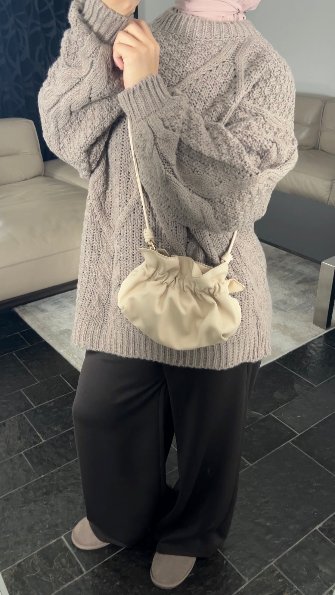 TAUPE CABLE KNIT SWEATER