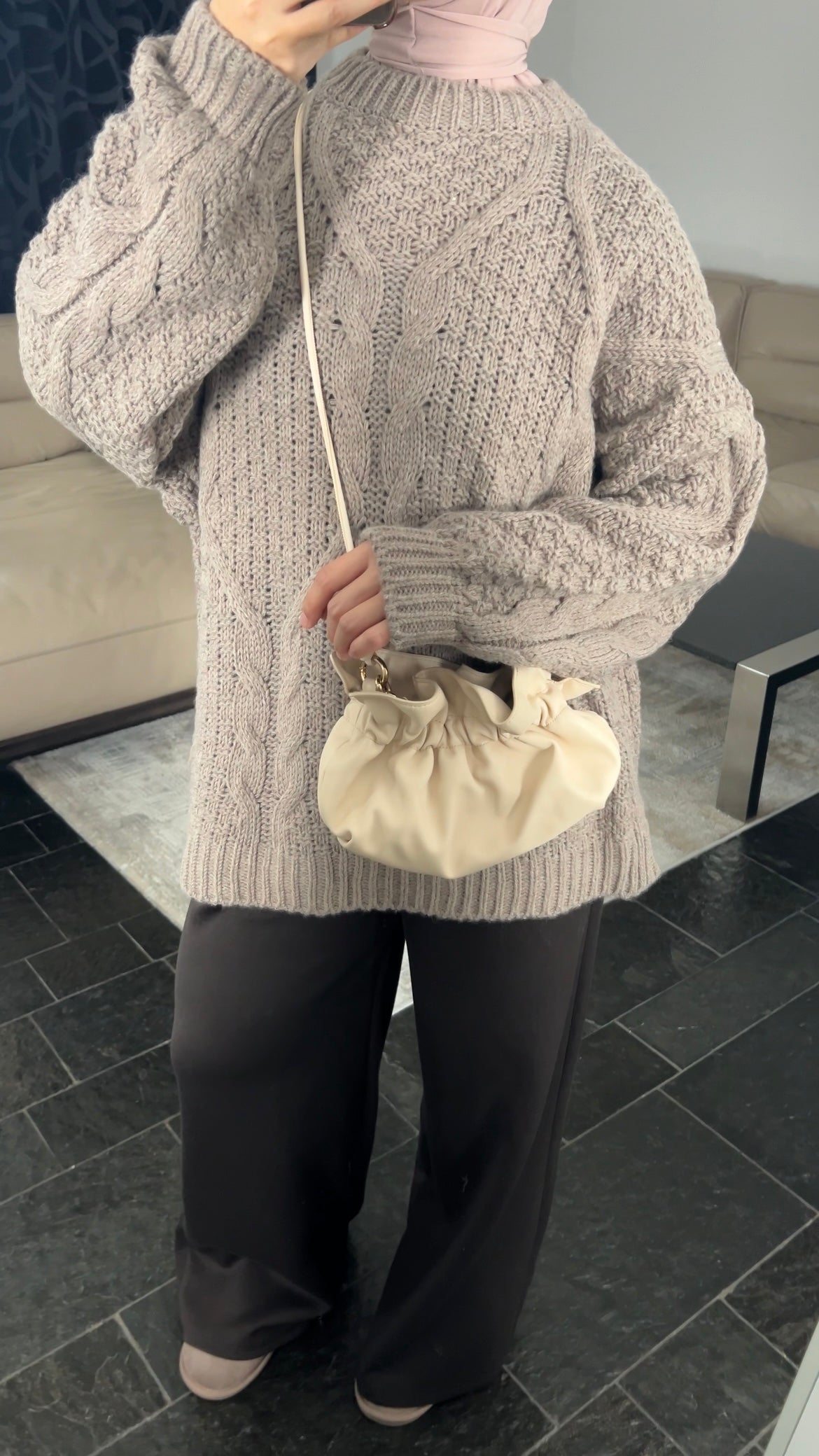 TAUPE CABLE KNIT SWEATER