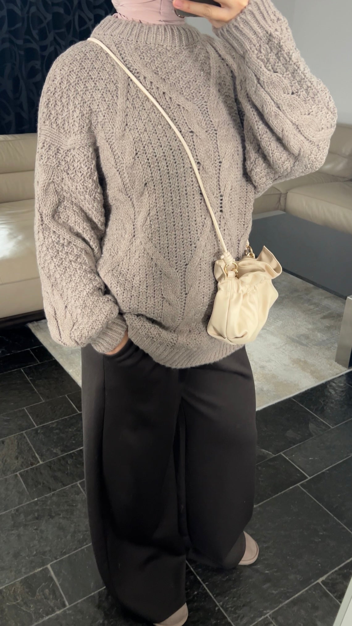 TAUPE CABLE KNIT SWEATER