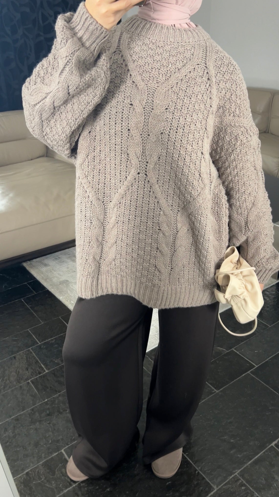 TAUPE CABLE KNIT SWEATER
