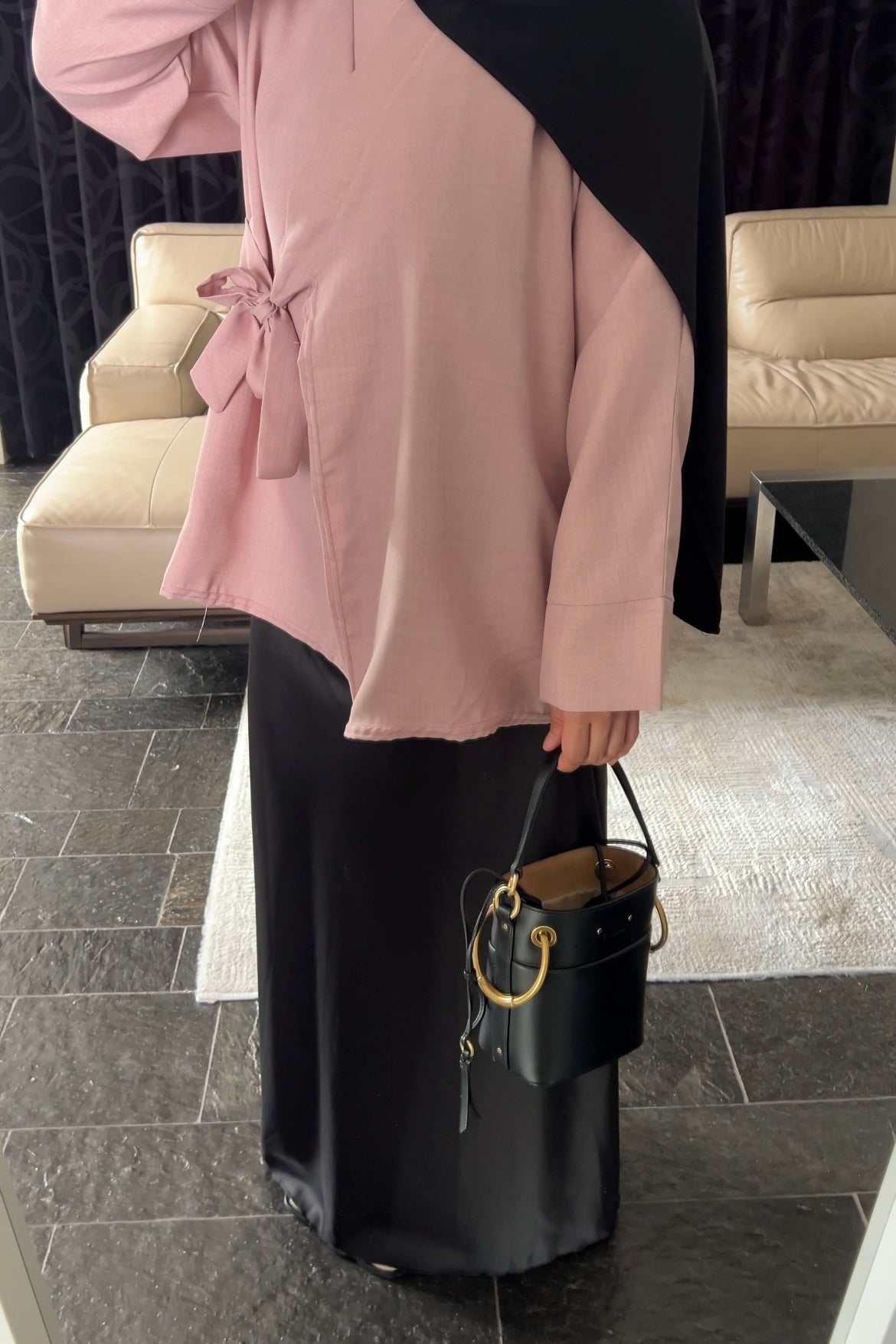 BLACK OVERSIZED SATIN SKIRT