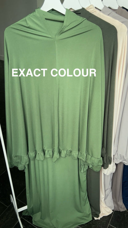 RUFFLE ABAYA KHIMAR SET APPLE GREEN