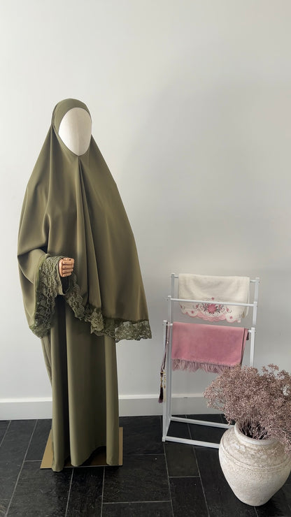 LACE ABAYA KHIMAR SET OLIVE GREEN
