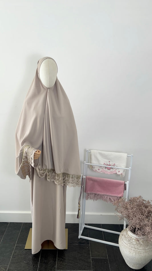 LACE ABAYA KHIMAR SET BEIGE