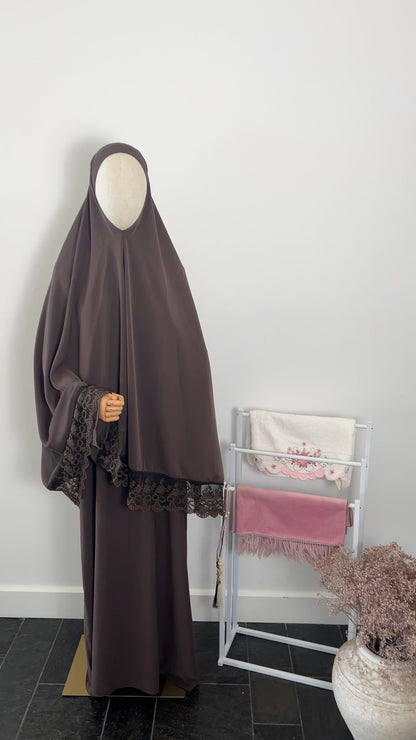 LACE ABAYA KHIMAR SET BROWN