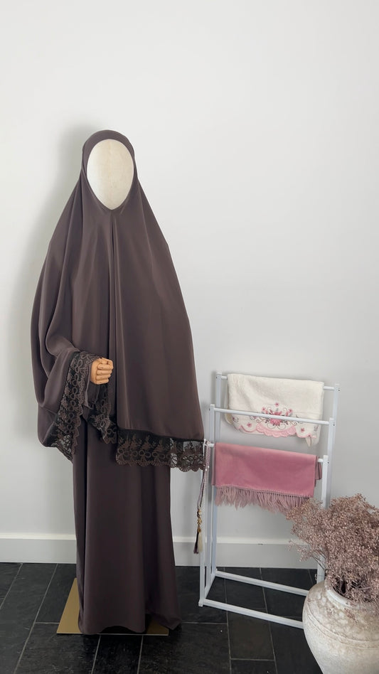 LACE ABAYA KHIMAR SET BROWN