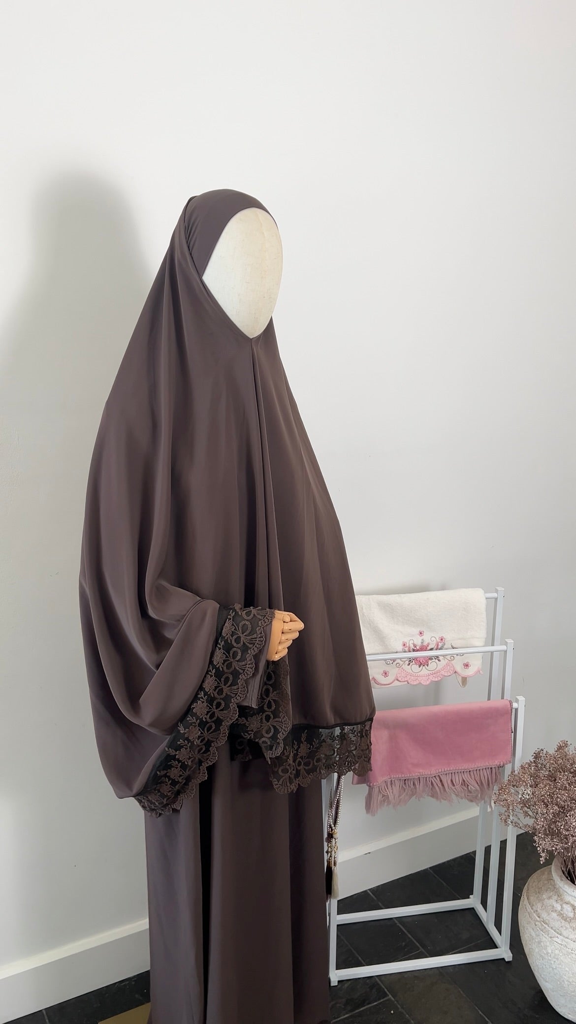 LACE ABAYA KHIMAR SET BROWN