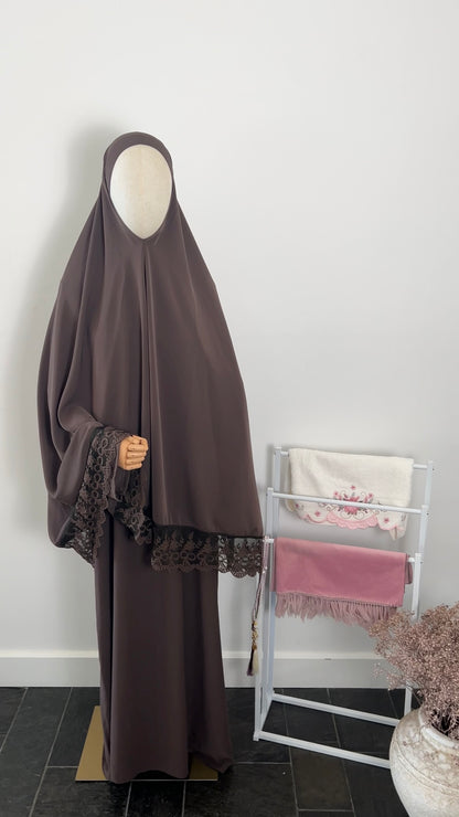 LACE ABAYA KHIMAR SET BROWN