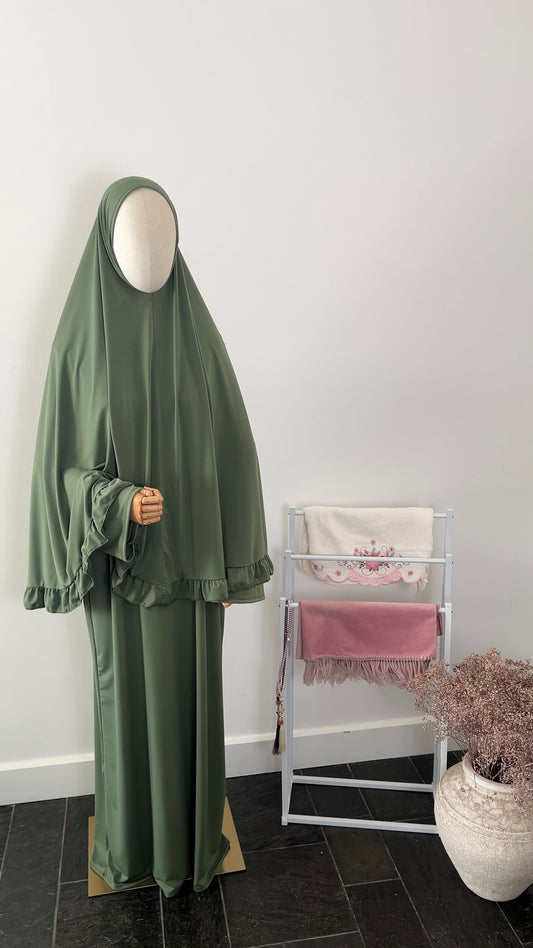 RUFFLE ABAYA KHIMAR SET APPLE GREEN