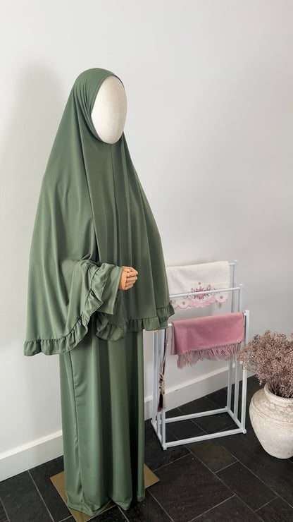 RUFFLE ABAYA KHIMAR SET APPLE GREEN