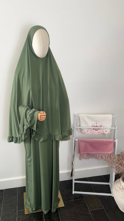 RUFFLE ABAYA KHIMAR SET APPLE GREEN