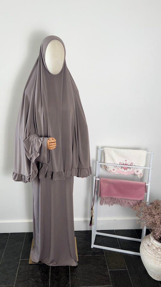 RUFFLE ABAYA KHIMAR SET TAUPE