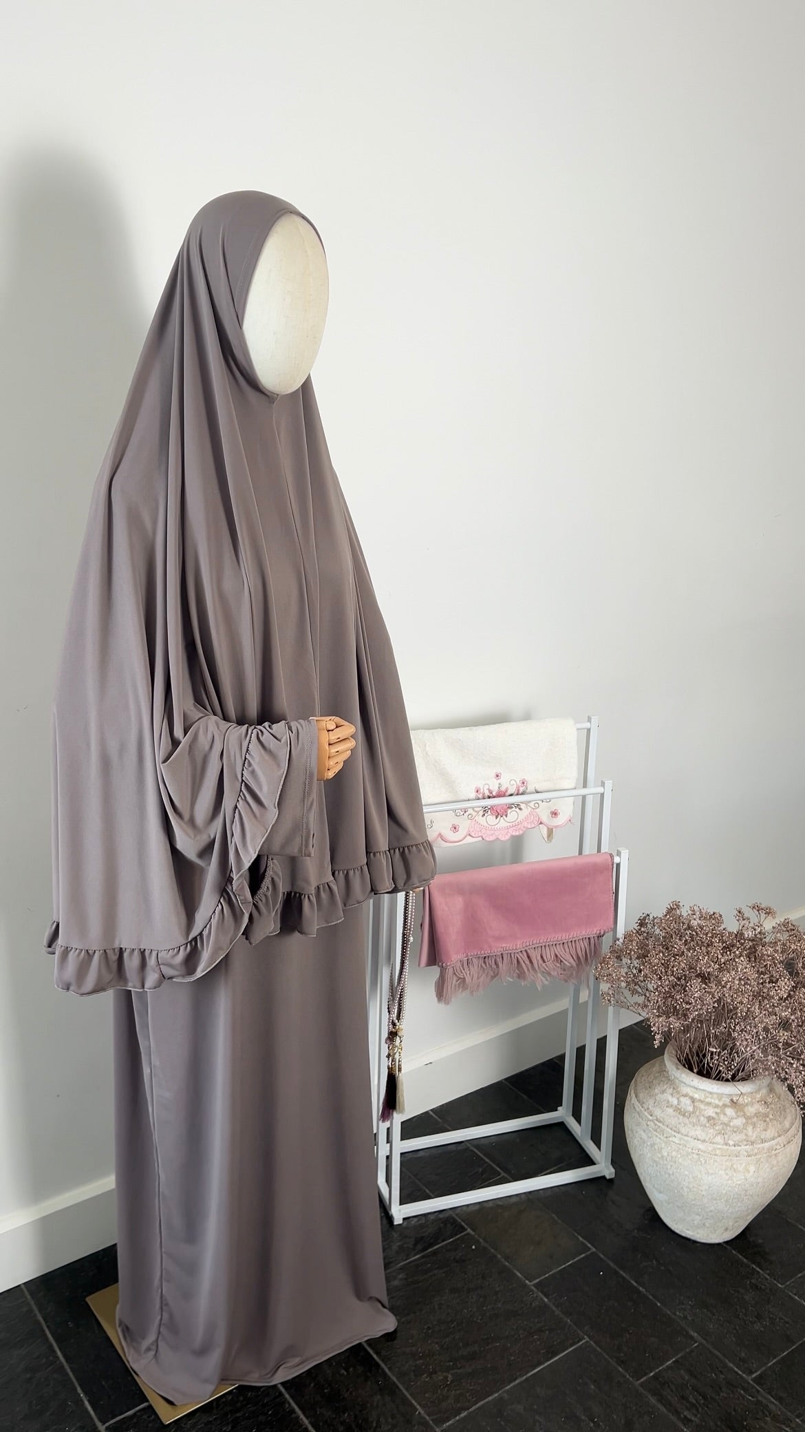 RUFFLE ABAYA KHIMAR SET TAUPE