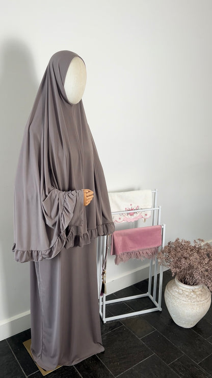RUFFLE ABAYA KHIMAR SET TAUPE