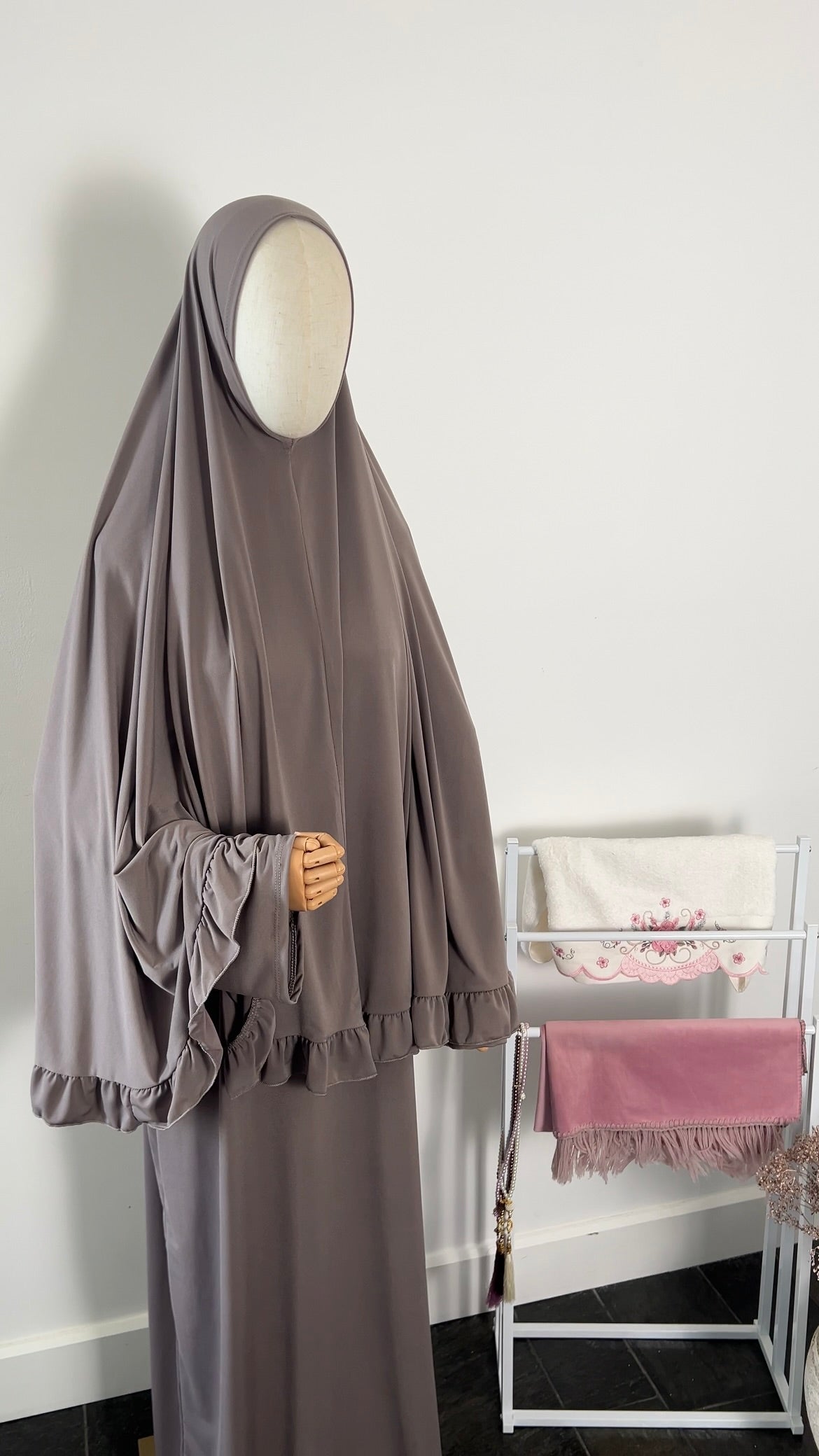 RUFFLE ABAYA KHIMAR SET TAUPE