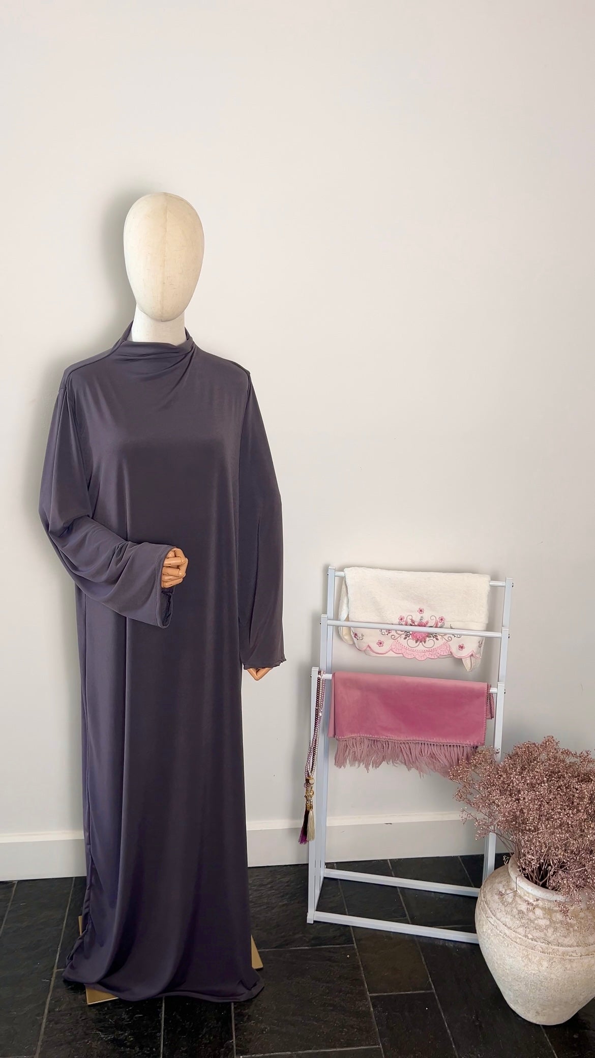 RUFFLE ABAYA KHIMAR SET PURPLE GREY