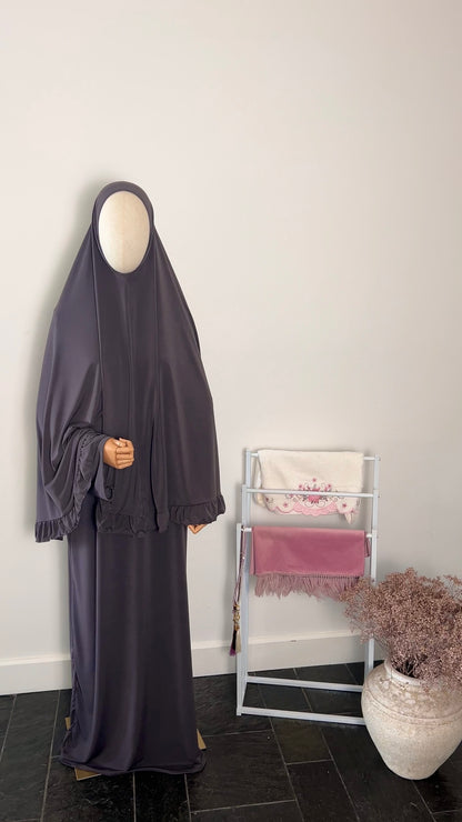RUFFLE ABAYA KHIMAR SET PURPLE GREY