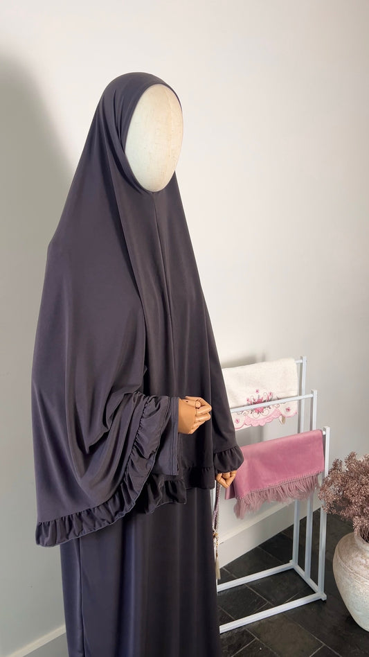 RUFFLE ABAYA KHIMAR SET PURPLE GREY