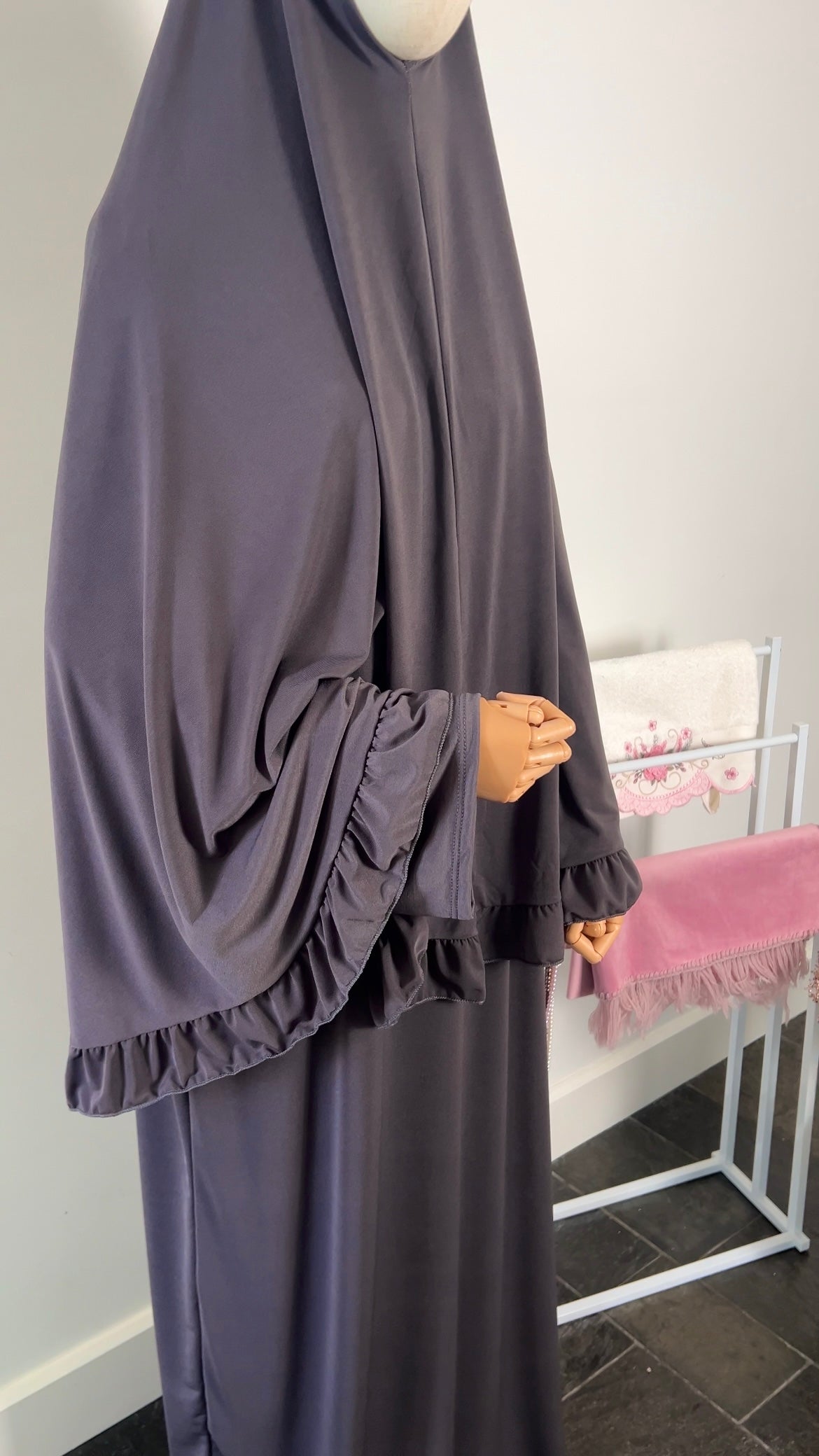 RUFFLE ABAYA KHIMAR SET PURPLE GREY