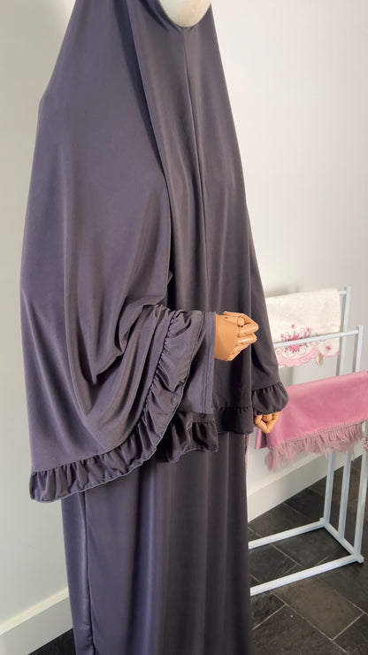 RUFFLE ABAYA KHIMAR SET PURPLE GREY