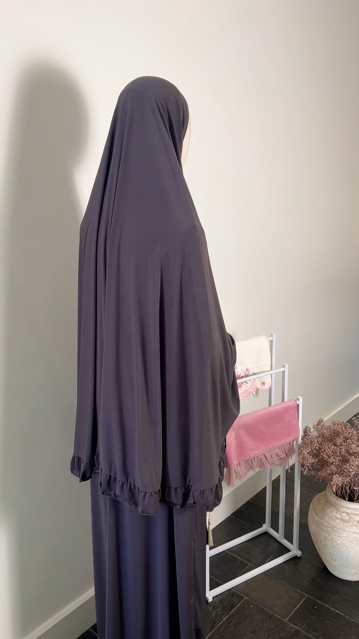 RUFFLE ABAYA KHIMAR SET PURPLE GREY